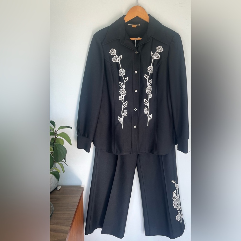 Vintage Black with Silver Floral Embroidered Wide Leg Pant Suit Set